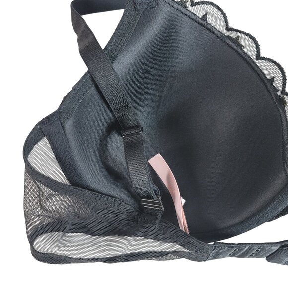 Victoria's Secret Lined Demi Bra Black 36C Lace Gold Stars Mesh Wing Plunge - Picture 8 of 11